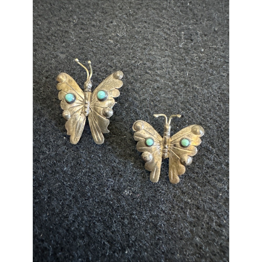 FM MEXICO STERLING WITH TURQUOISE BUTTERFLY PINS Lot Of 2 Vintage 1950's